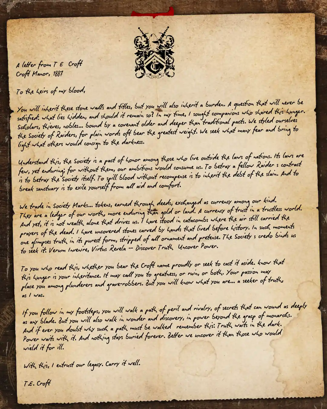 Official T. E. Croft letter headed Croft Manor 1887