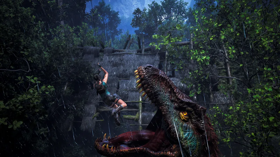 Official Tomb Raider Legacy of Atlantis scene with Lara Croft escaping a dinosaur