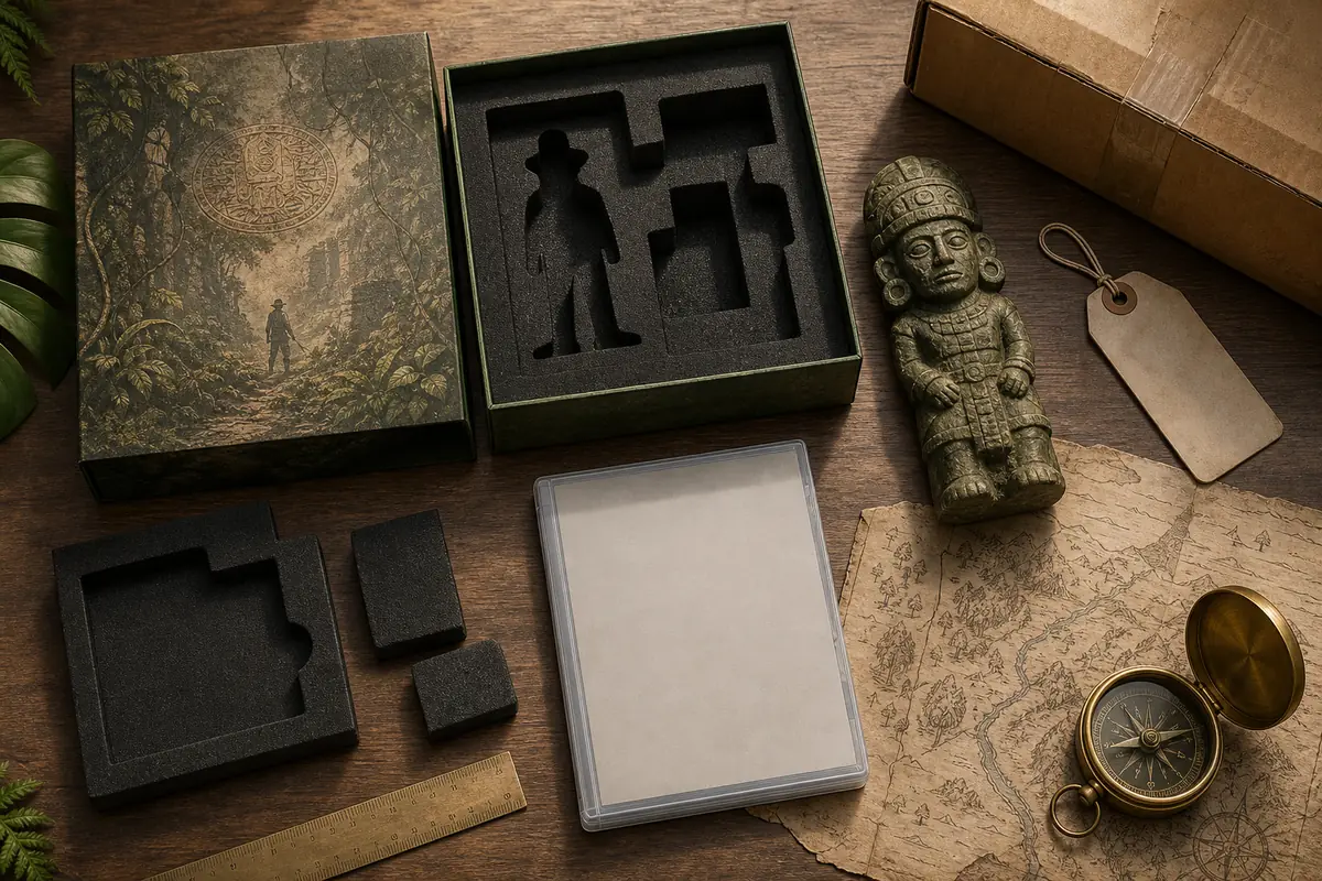 Editorial illustration of a collector box, protective foam, shipping carton, ruler and blank checklist surface