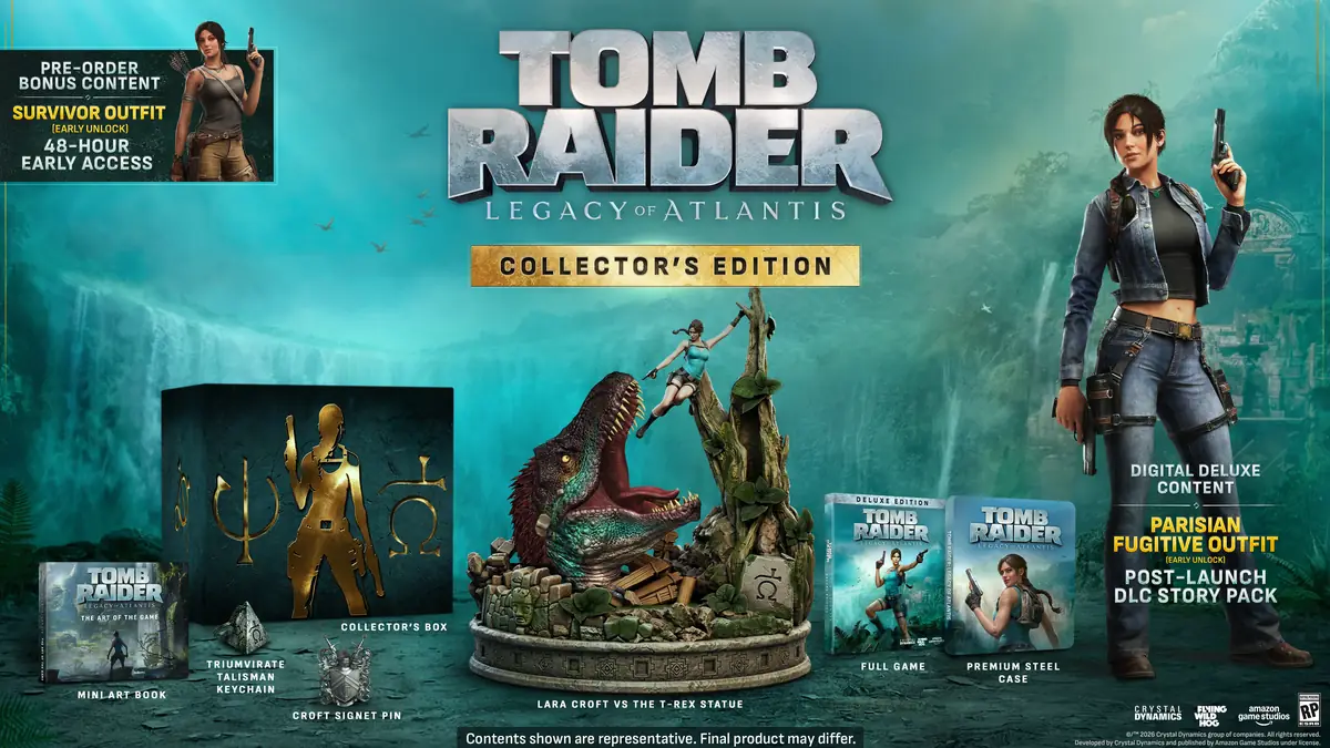 Illustrazione ufficiale della Collector's Edition di Tomb Raider: Legacy of Atlantis con statua ed extra fisici