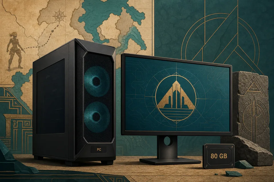 Editorial illustration of a gaming PC, monitor, Atlantis map motif, and 80 GB storage note for Tomb Raider: Legacy of Atlantis PC requirements
