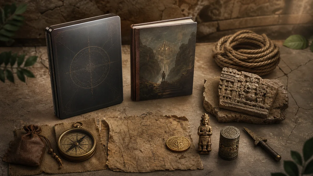 Editorial illustration of collector edition style items for Tomb Raider Legacy of Atlantis PS5 buying checks