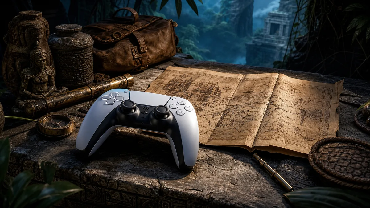 Editorial illustration for a Tomb Raider Legacy of Atlantis PS5 platform guide with a controller and exploration map