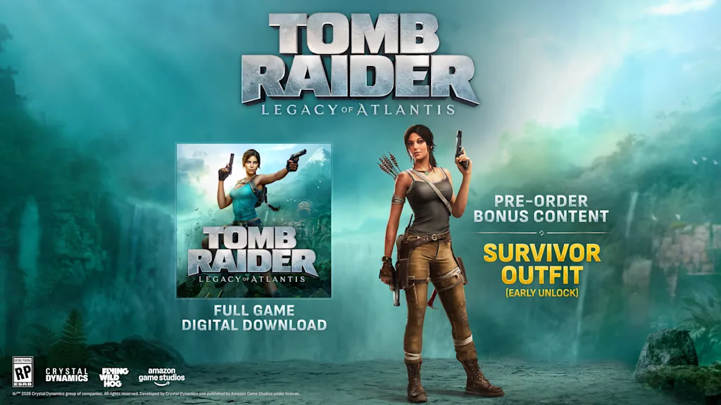 Lara CroftとSurvivor Outfitの予約特典を示す公式Tomb Raider Legacy of Atlantisアート