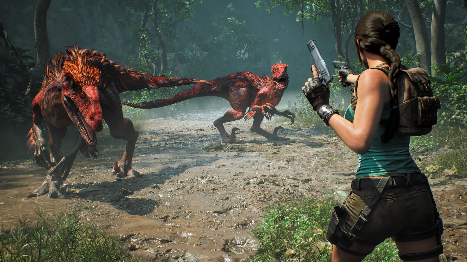 Lara aiming dual pistols at dinosaur-like creatures